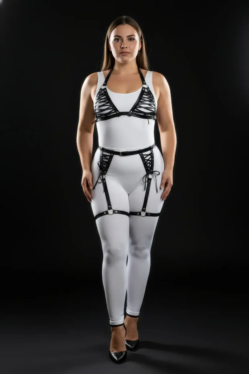 Plus size body harness lingerie on model