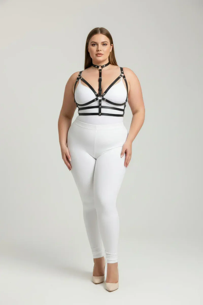 Black Faux Leather Strappy Choker Harness with O-Ring Detail on Plus Size Model