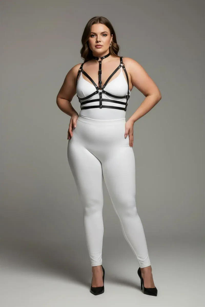 Plus Size Model Wearing Black Vegan Leather Choker Harness Front View