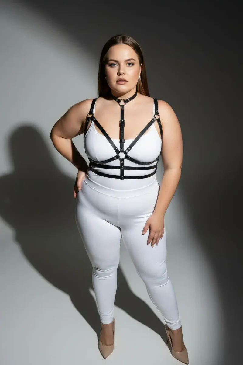 Side view of adjustable straps on black choker harness with O-ring detail