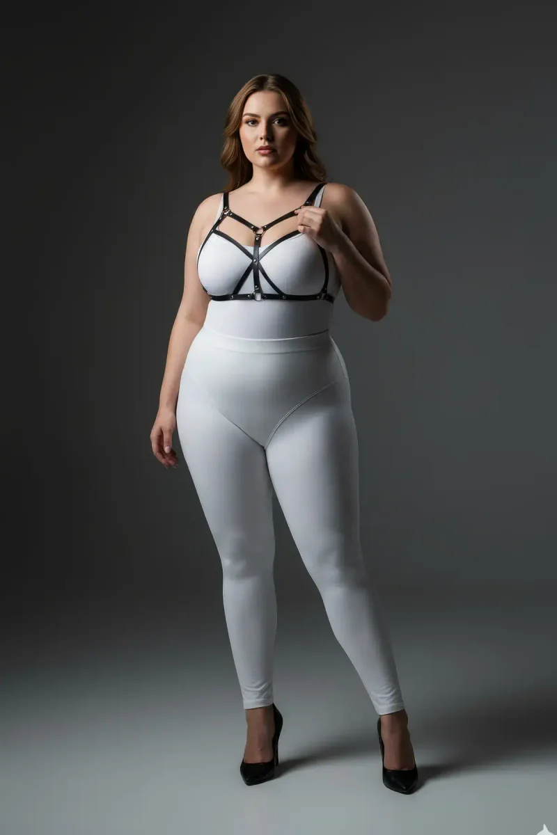 Styling the Black Faux Leather Body Harness with Lingerie full body view