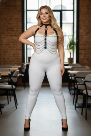 Plus Size Black Women's Chain Detailed Leather Harness Suit Fancy Accessory - APFT304