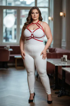 Large Size Red Women's Leather Harness Suit Ring Detailed Chest Accessory - APFT330