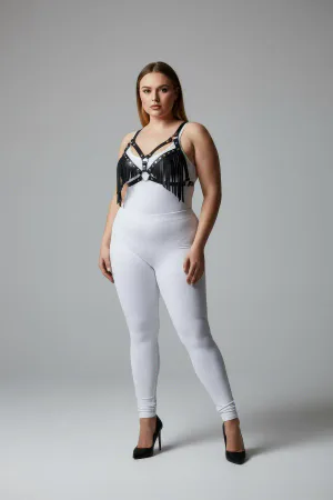 Plus Size Black Women's Harness Set Tassel Detailed Leather Bra Accessory - APFT418