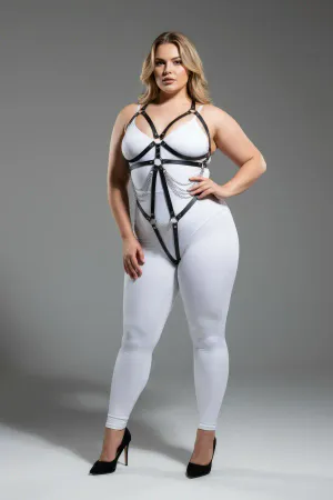 Plus Size Black Women's Leather Harness Set, Fancy Accessory with Chain and Ring Detail - APFT441