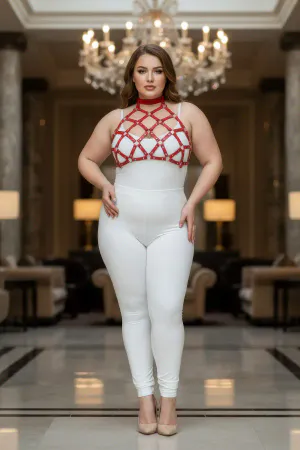 Plus Size Red Women's Leather Harness Set Stylish Accessory with Nail Detail - APFT443