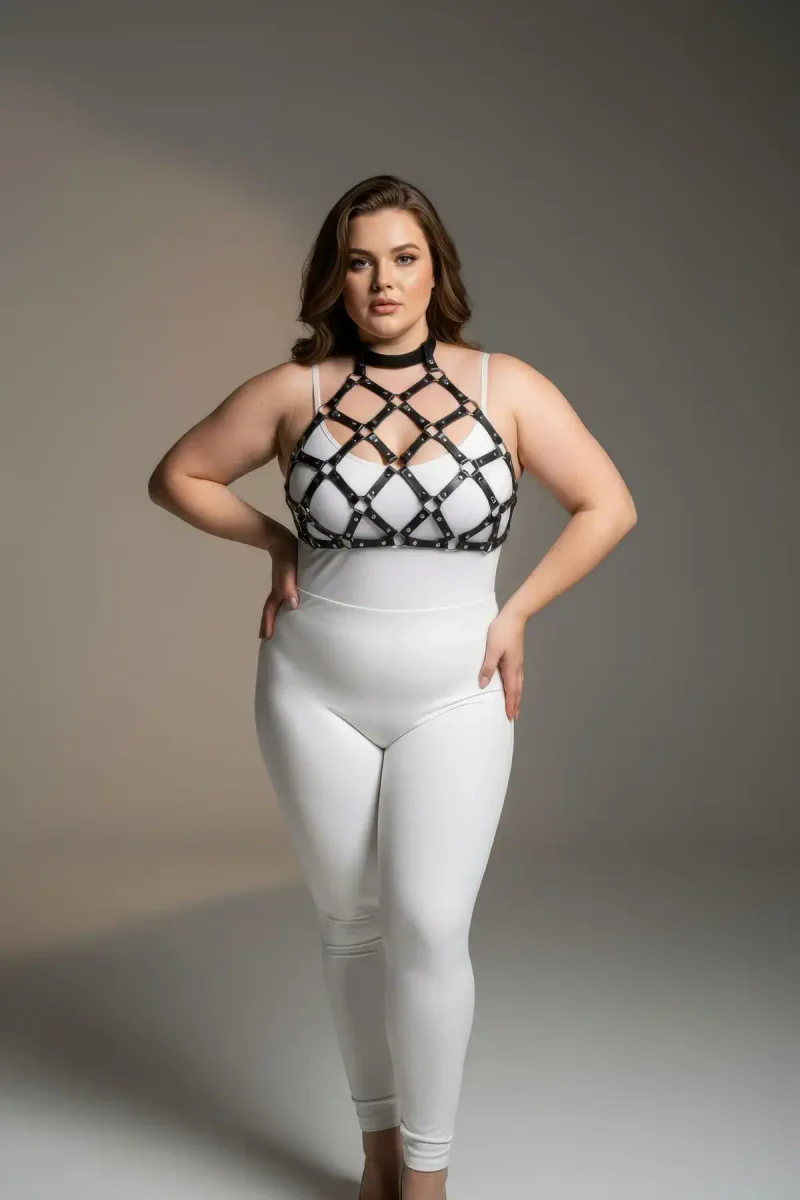 Front view black vegan leather geometric body harness with choker and white bodysuit