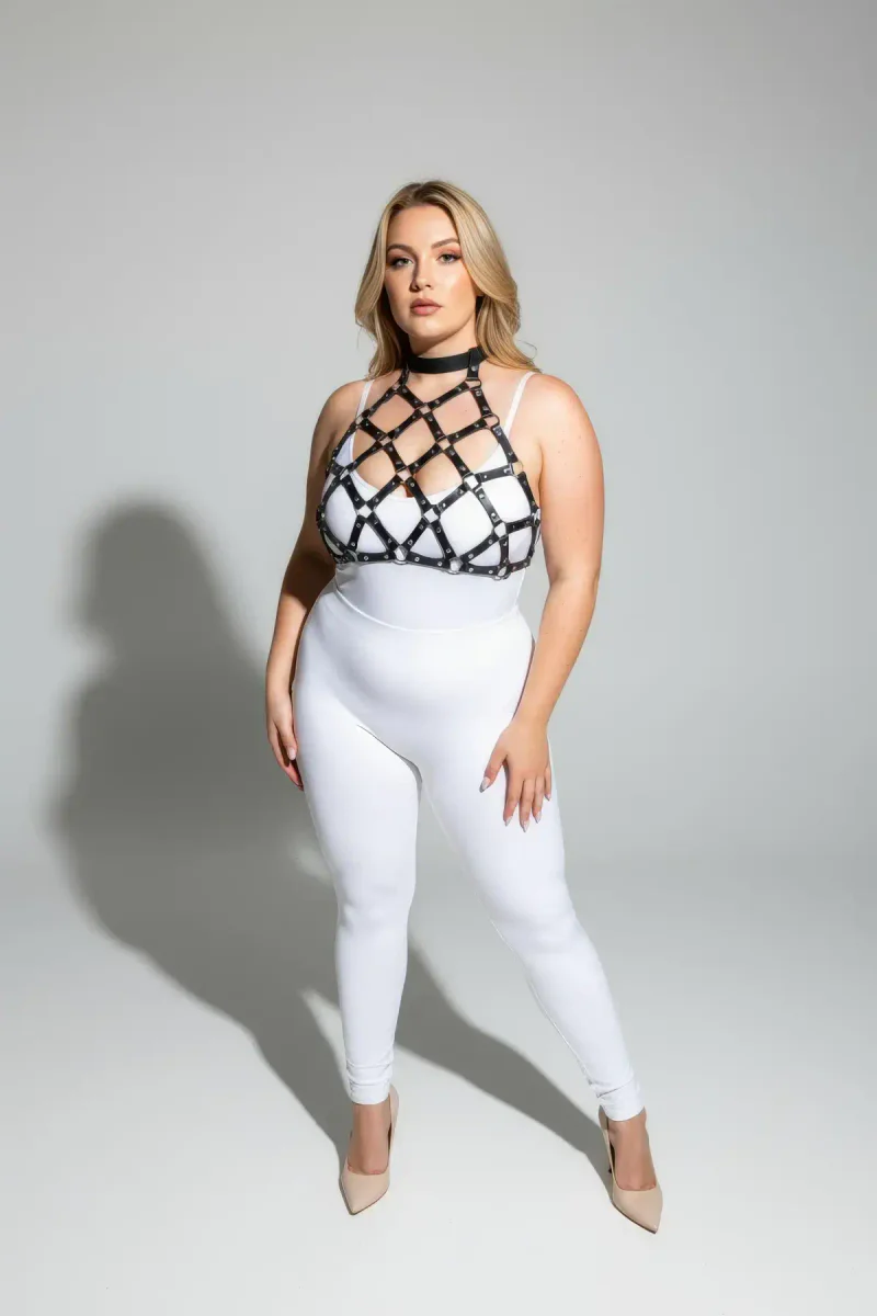 Geometric cage harness black choker and chest detail on model