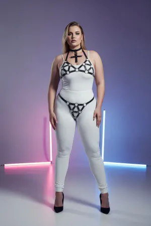 Plus Size Black Women's Leather Harness Set with Ring Detail Stylish Design - APFT464