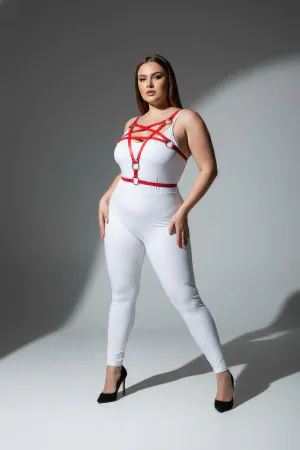 Plus Size Red Women's Leather Harness Set with Ring Detail Fancy Accessory - APFT821