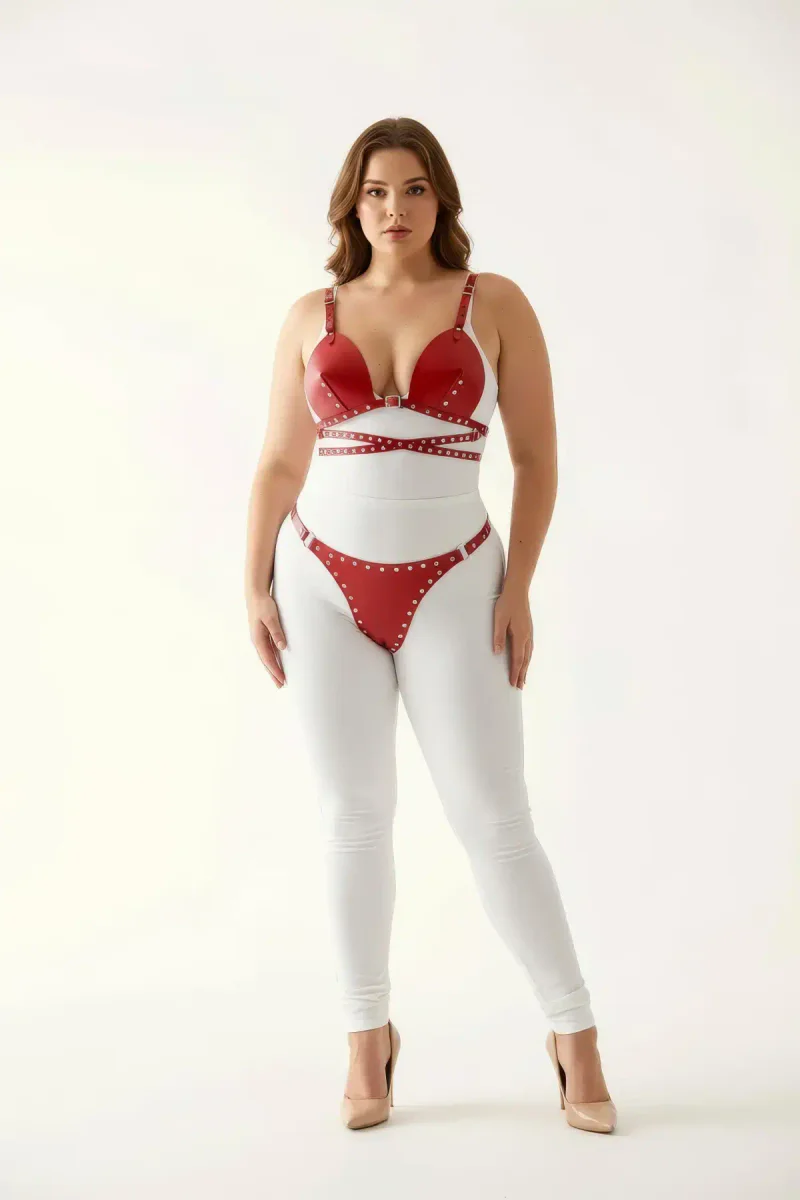 Red Vegan Leather Bra Harness Front View