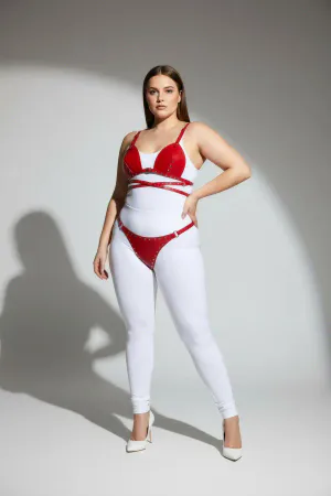 Plus Size Red Women's Harness Suit with Sexy Leather Staple Detail - APFT849