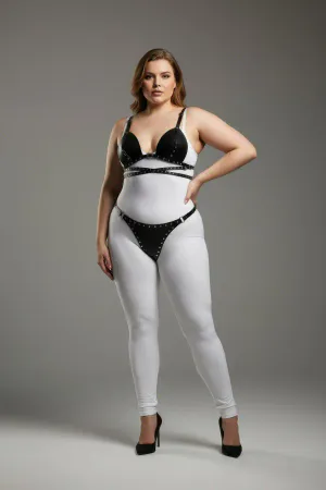 Plus Size Black Women's Harness Set Leather Fancy with Staple Detail - APFT849