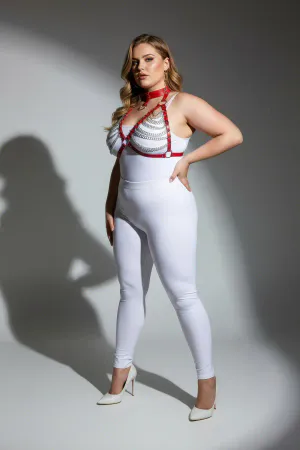 Plus Size Red Women's Harness Suit Chain Detailed Fancy Choker Collar - APFT945