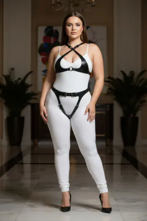 Plus Size Black Women's Leather Harness Set with Garter Detail - APFT1130