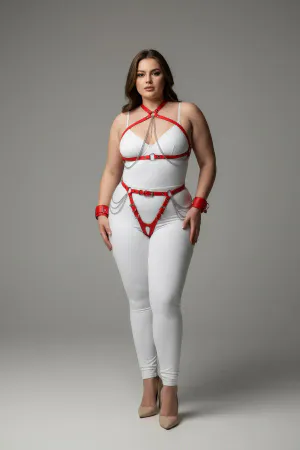 Plus Size Red Women's Harness Suit Chain Detailed Leather Fancy Accessory - APFT1224