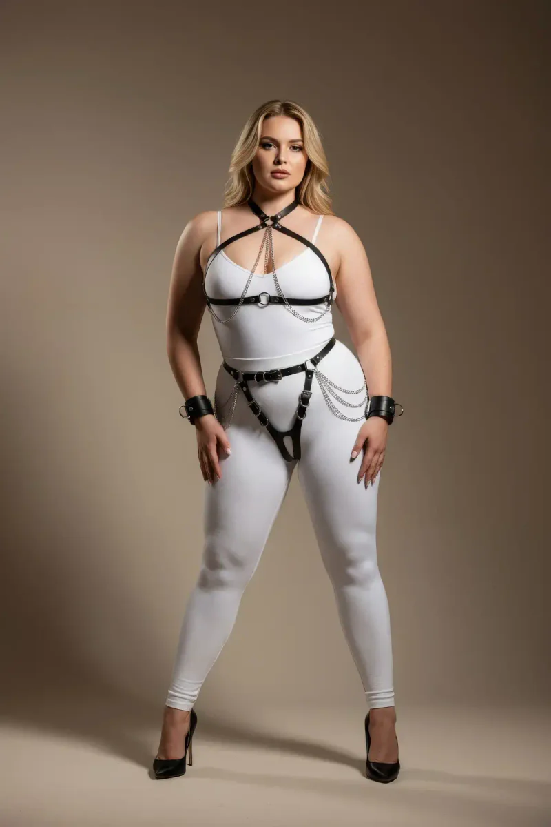 Black Faux Leather Full Body Harness Set with Choker and Cuffs
