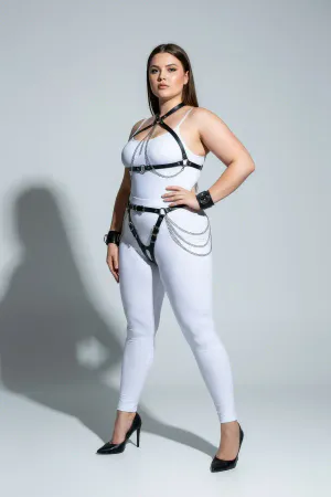 Plus Size Black Women's Leather Harness Set with Chain and Garter Detail - APFT1224