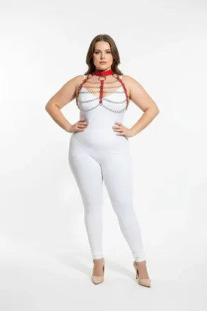 Plus Size Red Women's Leather Harness Suit Chain Detailed Stylish Accessory - APFT1285