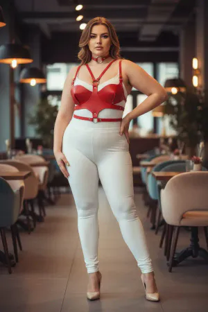 Plus Size Red Women's Harness Set with Leather Ring Detail Fancy Accessory - APFT1296