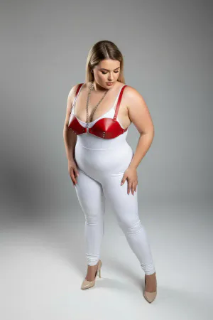 Plus Size Red Women's Leather Harness Set, Fancy Bra Accessory with Chain and Staple Detail - APFT1380