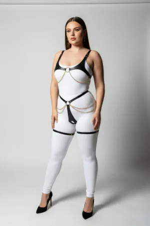 Plus Size Black Women's Leather Harness Set with Chain and Ring Detail - APFT1384