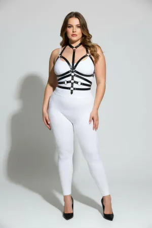 Plus Size Black Women's Leather Harness Set Fancy Accessory with Ring Detail - APFT24