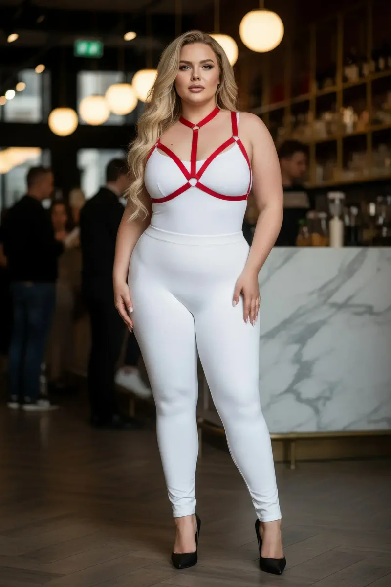 Side view of red O-ring body harness showcasing strap configuration