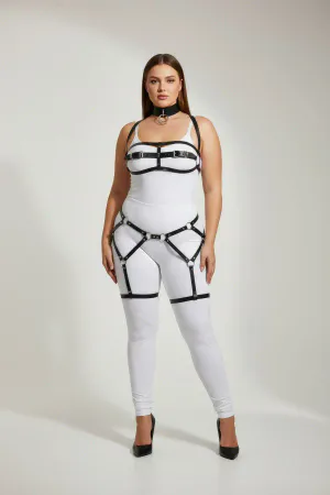 Plus Size Black Women's Garter Harness Suit Leather Body Accessory with Leash - APFT242