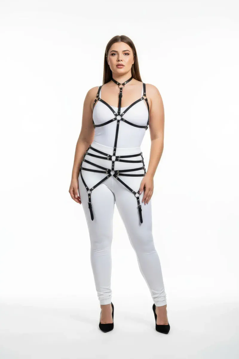 Plus Size Black Women's Leather Garter Harness Bustier Style Fantasy Accessory - APFT262