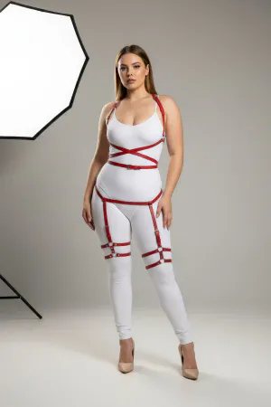 Plus Size Red Women's Garter Harness Leather Fantasy Bodysuit - APFT274