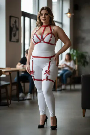 Plus Size Red Women's Leather Look Garter Harness Set with Bow Detail - APFT310