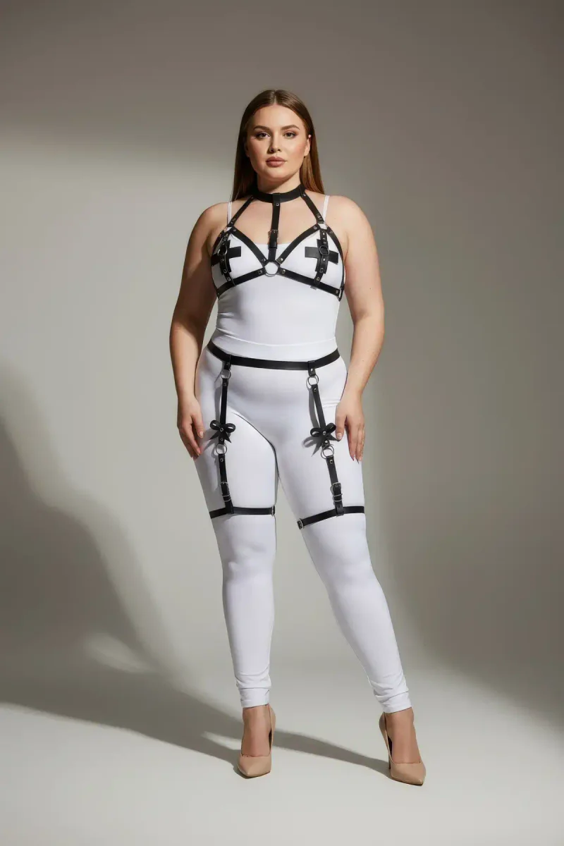Black vegan leather strappy garter body harness with O-ring and bow details