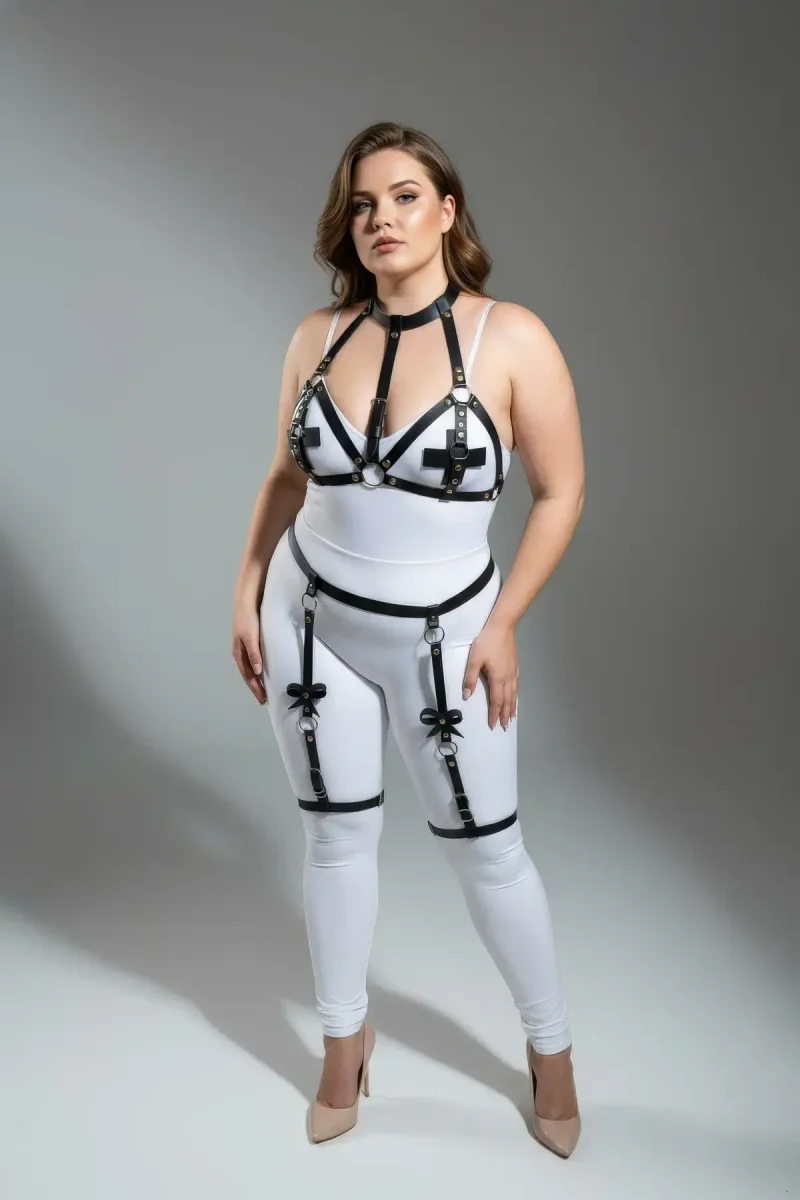 Back view of black vegan leather strappy body harness with O-ring accents and bow details