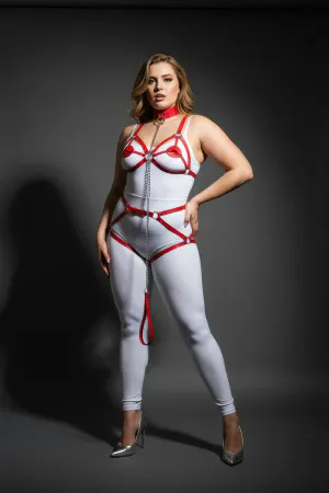 Plus Size Red Women's Garter Harness Chain Detailed Leather Full Body Accessory - APFT311
