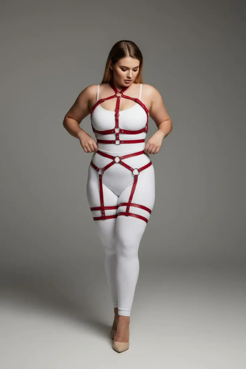 Red Vegan Leather Body Harness Front View Adjustable Straps