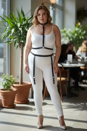 Plus Size Black Women's Garter Harness Leather Accessory with Neck and Leg Detail - APFT230