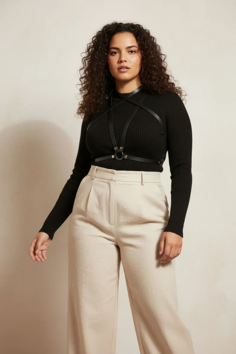 Plus Size Black Women's Leather Harness Belt, Stylish Body Accessory for Dress - APFT15