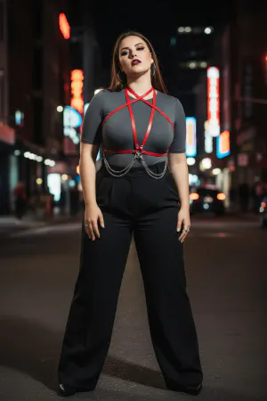 Plus Size Red Women's Belt Leather Body Accessory with Chain Detail - APFT52