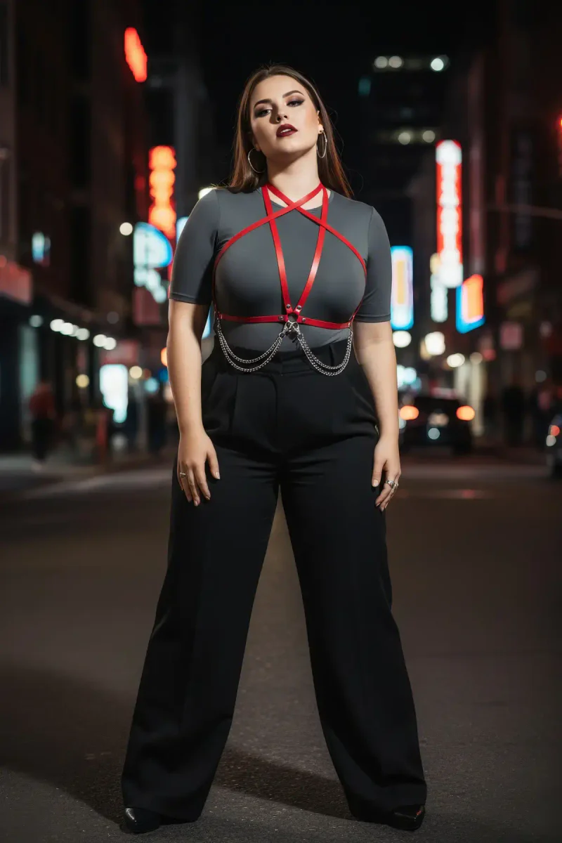 Plus Size Red Women's Belt Leather Body Accessory with Chain Detail - APFT52