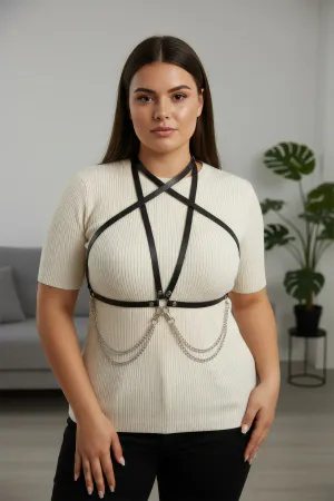Plus Size Black Women's Belt Chain Detailed Leather Body Accessory - APFT52