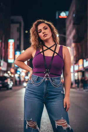 Plus Size Black Women's Belt Chain Detailed Leather Body Accessory - APFT52