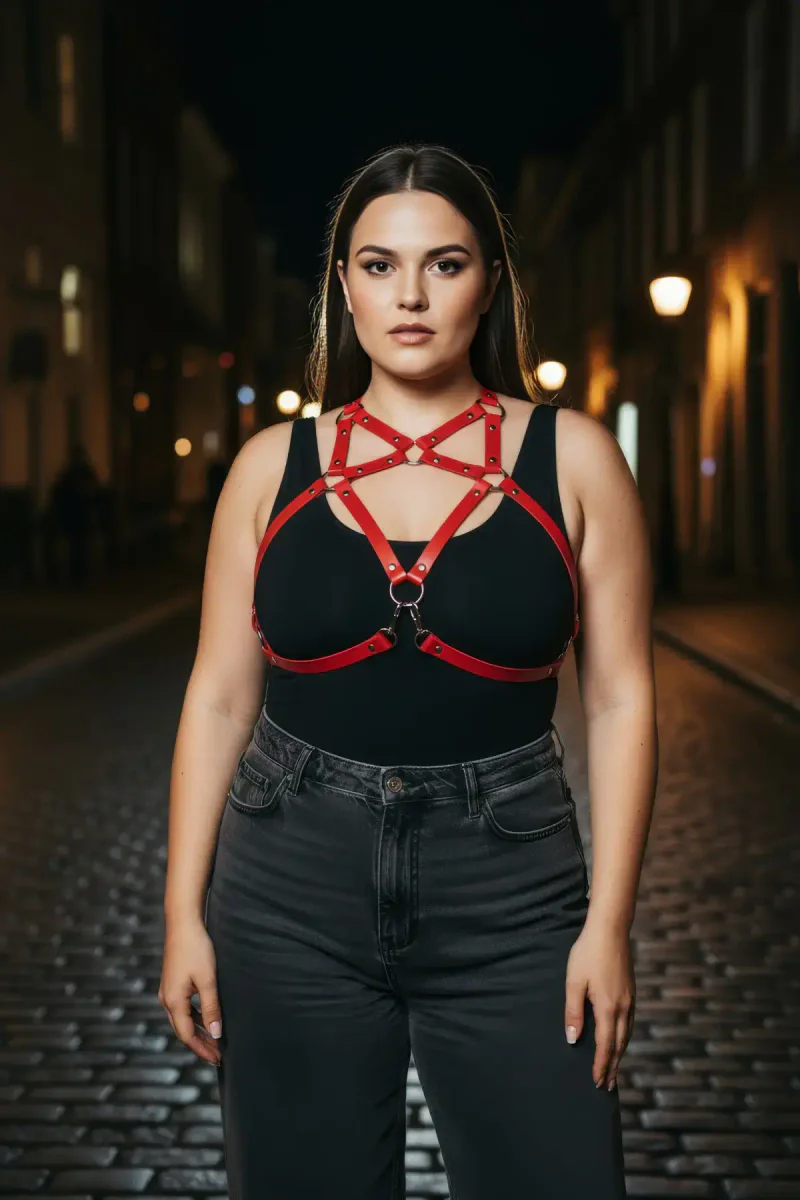 Plus Size Red Women's Belt Leather Harness Complementing Dress Top Combination - APFT108