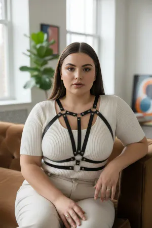 Large Size Black Women's Leather Belt Body Harness Combination Accessory - APFT114