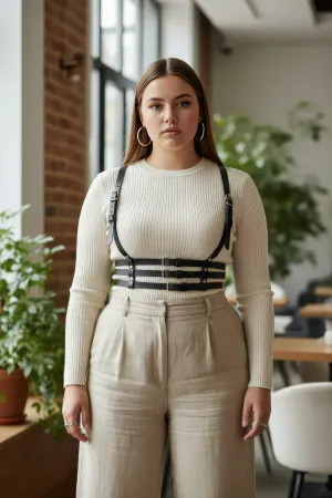 Plus Size Black Women's Belt Three-Stripes Corset Style Leather Harness - APFT178