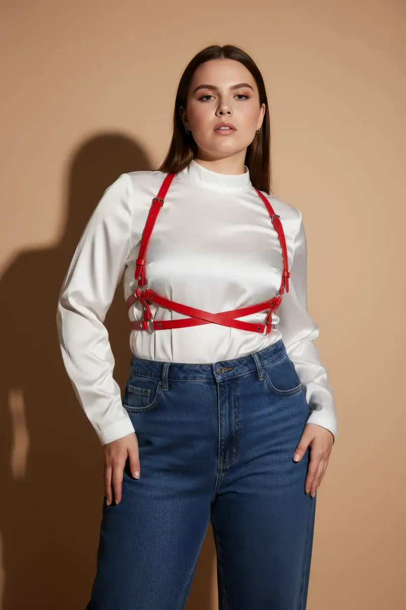 Large Size Red Women's Belt, Leather Accessory with O-Ring Detail that Wraps the Body. -APFT204