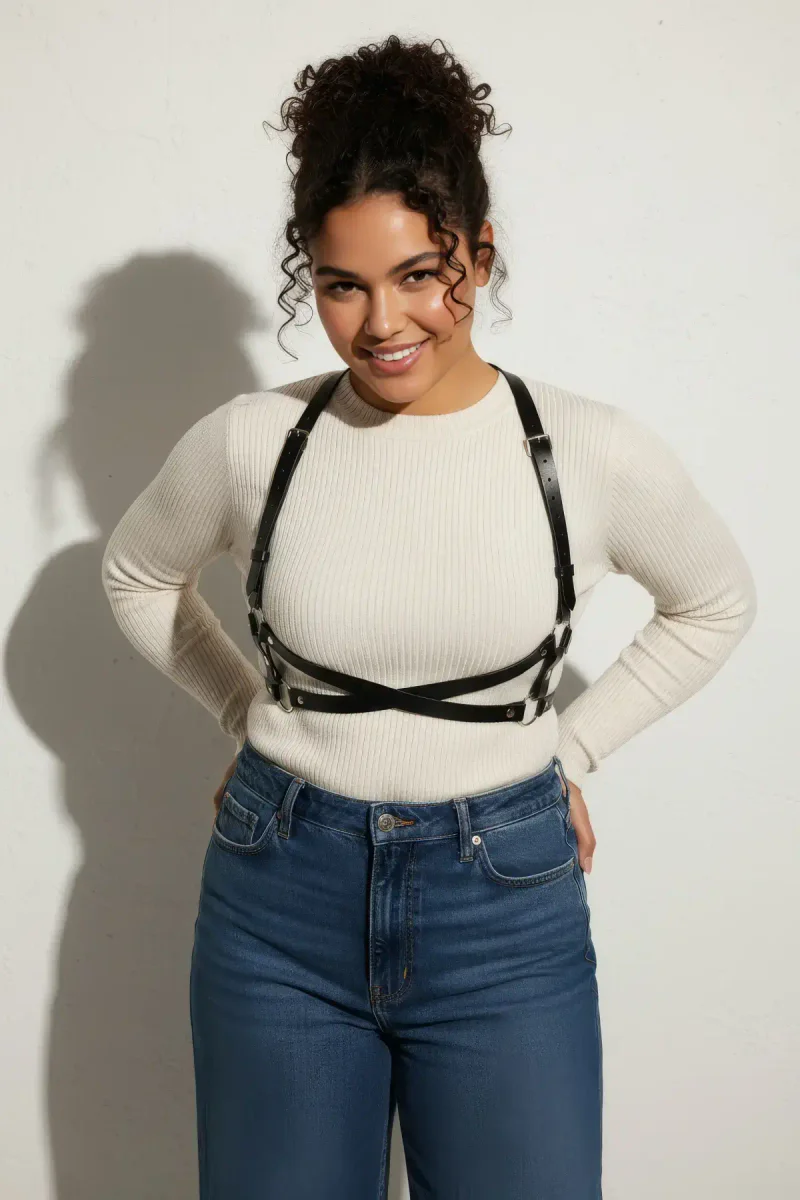 Plus Size Black Women's Belt Leather Harness Body Accessory with Cross Detail - APFT204