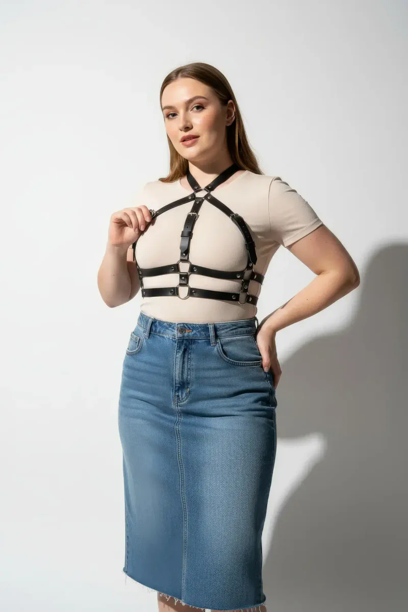 Plus Size Black Women's Belt Adjustable Leather Harness Body Accessory - APFT218