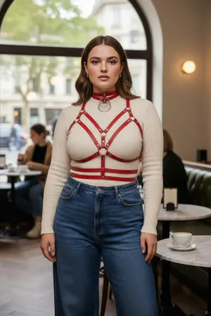 Plus Size Red Women's Leather Harness Belt, Complementing Your Dress Outfit - APFT296