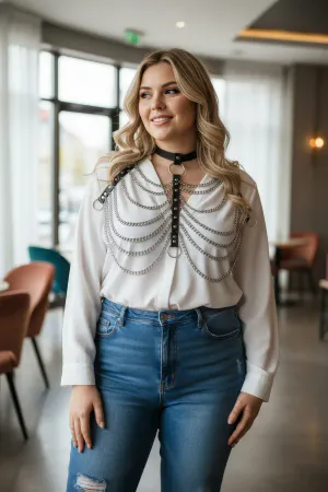 Plus Size Black Women's Belt Chain Detailed Leather Harness Body Accessory - APFT401
